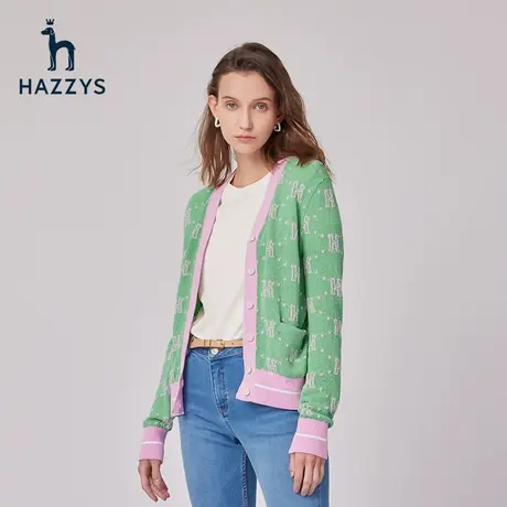 Hazzys哈吉斯奥莱春季新款长袖V领开衫外套女士休闲撞色针织衫潮图片