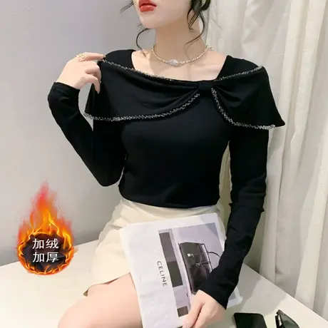 设计感拼接荷叶边长袖打底衫加厚磨毛保暖上衣女重工钉珠修身T恤图片