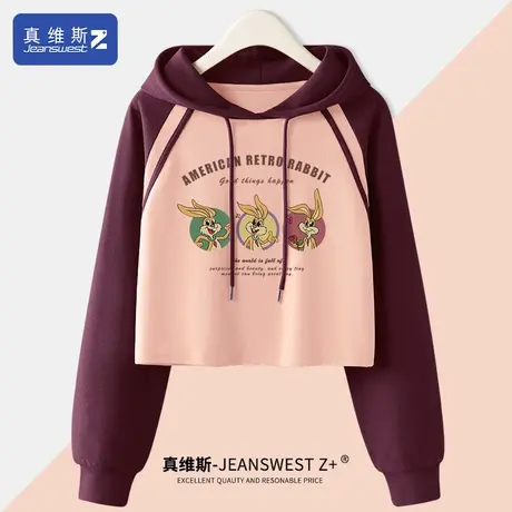 真维斯Z+插肩袖卫衣女春秋2024新款美式复古上衣小个子短款衣服H商品大图