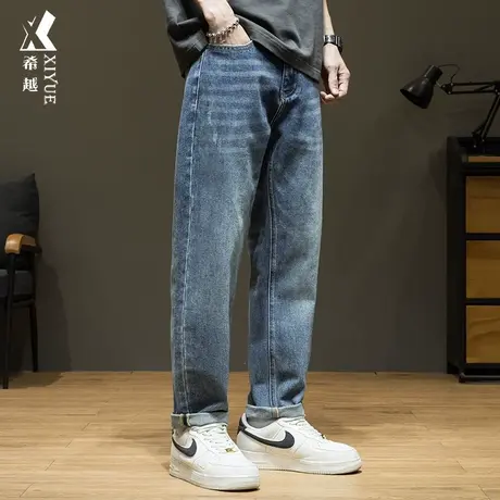 希越复古牛仔裤男2024春季新款宽松直筒男士休闲裤子蓝色大码长裤商品大图