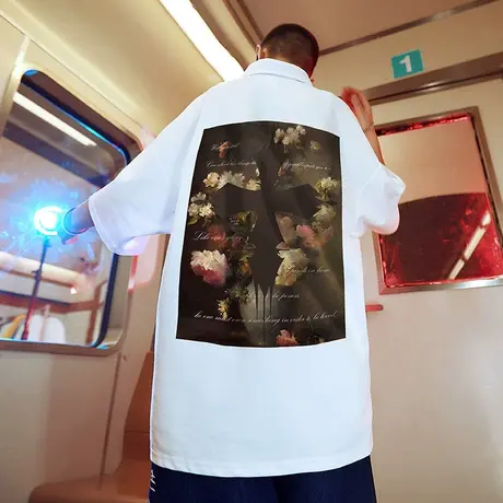 美式复古vibe风花卉印花polo衫男宽松大码oversize短袖情侣装夏季商品大图