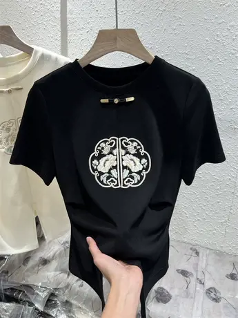 圆领撞色下开叉短袖T恤修身显瘦轻国风刺绣上衣女24春款休闲内搭商品大图