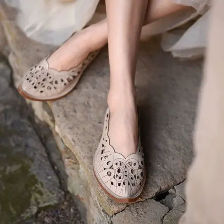 Artmu阿木原创复古镂空尖头单鞋女平底一脚蹬女鞋雕花小众凉鞋商品大图