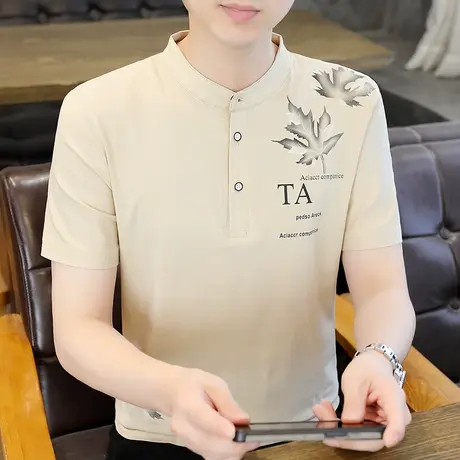 时尚印花立领短袖t恤男夏装大码宽松潮牌百搭半袖打底衫上衣服ins商品大图