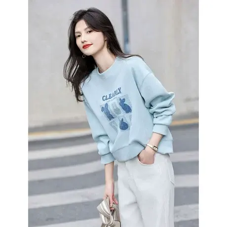 时尚气质卫衣2024年春季新款女圆领百搭减龄清新短款休闲套头上衣图片