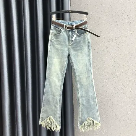 欧货微喇裤女2024春夏新款浅蓝色个性毛边设计感高腰显瘦牛仔长裤图片