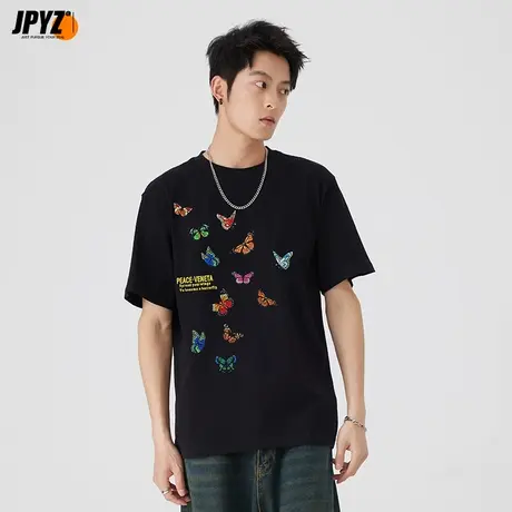 蝴蝶刺绣情侣短袖新款重磅棉t恤国潮牌嘻哈宽松上衣夏季痞帅男装商品大图