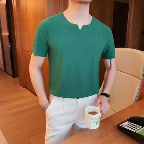 个性小V领设计T恤男短袖夏季薄款冰丝竖条纹高弹力打底小衫半袖潮商品大图