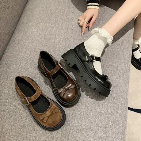 厚底百搭玛丽珍鞋女2024新款英伦风粗跟单鞋蝴蝶结浅口高跟小皮鞋商品大图