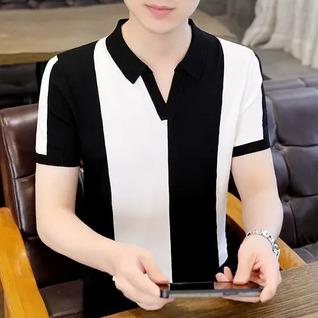 男士翻领polo衫短袖夏季时尚伊力特冰丝针织衫拼色带领轻熟风t恤商品大图