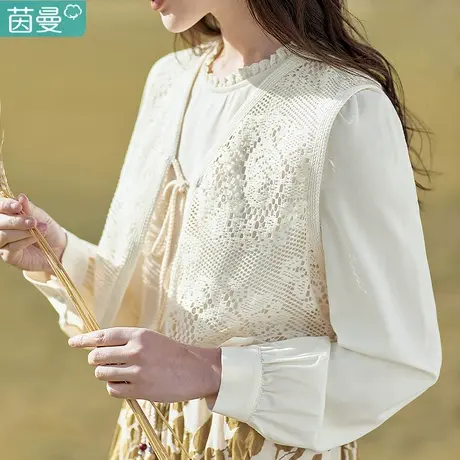 茵曼长袖白衬衣2024年春季新款女装针织开衫上衣两件套装衬衫短款图片