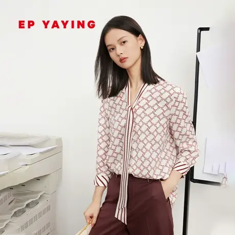 [唐嫣同款]EP雅莹女装 真丝印花条纹飘带衬衫 2023秋冬新款2316A图片