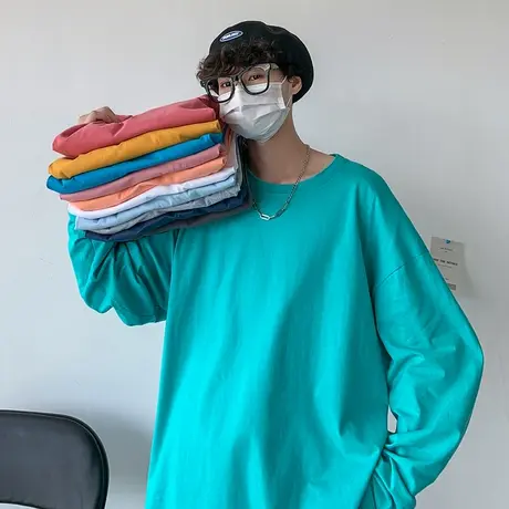 2023秋季新款纯棉长袖t恤男纯色百搭圆领休闲体恤潮流宽松上衣服商品大图