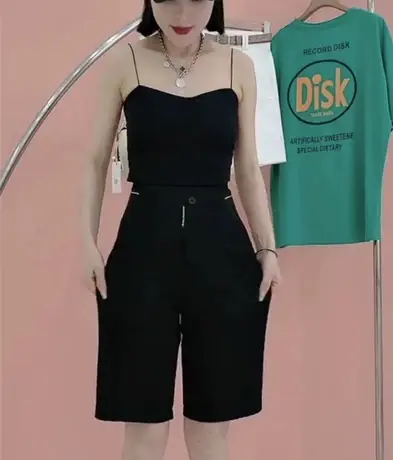 黑色五分中裤女夏季2023新款高腰直筒弹力薄款短裤显瘦松紧腰热裤图片