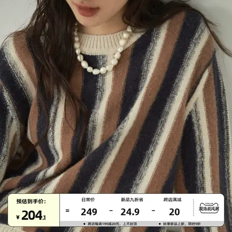 omont蛋挞家 复古撞色条纹毛衣2023秋冬新款圆领宽松休闲针织上衣图片