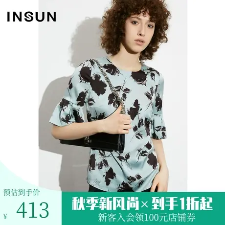 恩裳COVER2023夏款新款质感玫瑰花印花缎面圆领衬衫顺滑亲肤上衣图片