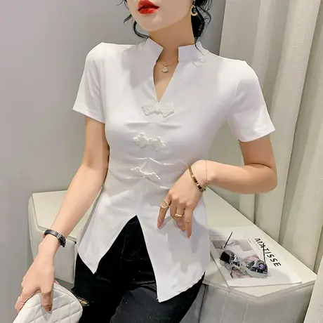 中国风复古改良盘扣T恤女短袖洋气立领小衫不规则下摆开叉上衣夏图片