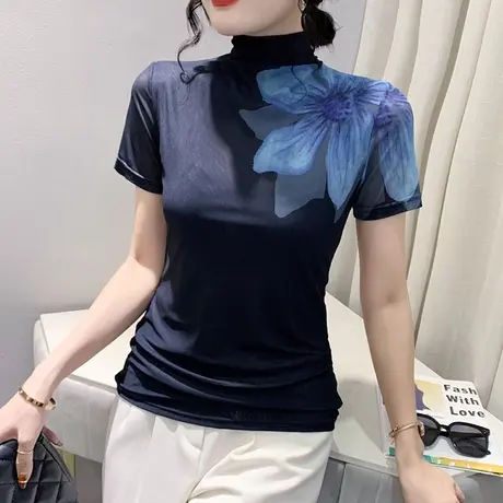 高领短袖T恤女春秋2023新款复古气质印花上衣时尚性感网纱小衫ins商品大图
