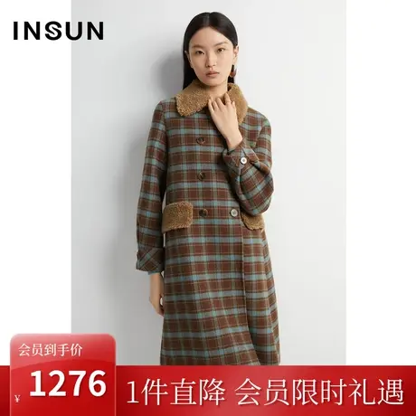 恩裳2022冬季时尚个性毛领保暖舒适羊毛格纹毛呢外套图片