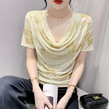 气质堆堆领短袖上衣女士夏装性感网纱修身小衫时尚印花烫钻T恤ins商品大图