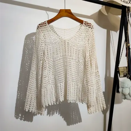 镂空针织罩衫女夏外穿新款宽松v领百搭设计感小众长袖上衣防晒衫商品大图