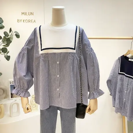 韩国东大门衬衫女2022早春季新款设计感洋气海军风竖条纹上衣大码商品大图