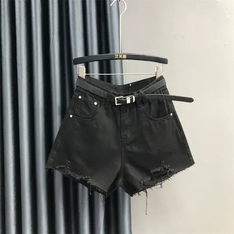 欧货百搭破洞黑色牛仔短裤女2023夏季新款休闲宽松显瘦a字阔腿裤图片