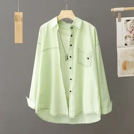 休闲纯棉衬衫女浅绿色上衣宽松大码中长款薄外套春秋新款2023衬衣商品大图