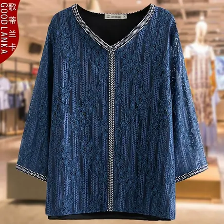 加肥加大码中年妈妈夏装蕾丝衫上衣宽松遮肚时尚减龄镂空女士T恤商品大图