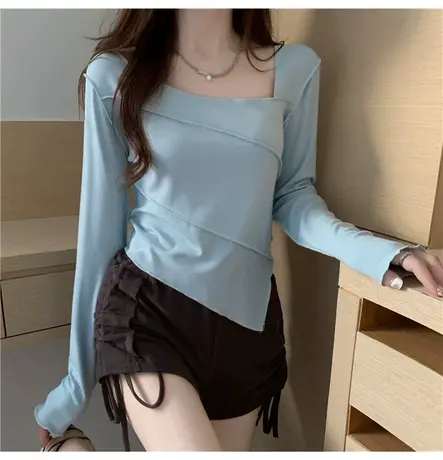 2023早春秋冬欧美长袖打底衫女不规则开叉内搭心机上衣紧身T恤女商品大图