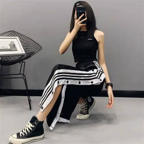 开叉阔腿裤女夏季新款直筒侧排扣宽松显瘦百搭情侣款休闲裤裤子女图片