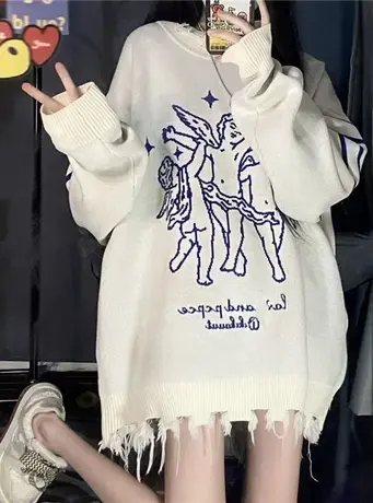 日系复古毛衣女秋冬季加厚宽松套头设计感小众上衣慵懒风针织外套商品大图