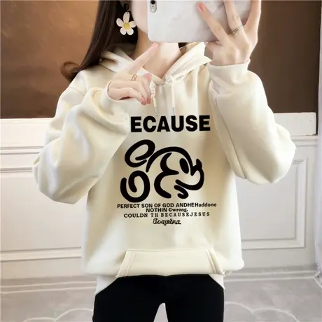 春秋薄款纯色长袖卫衣女2023新款韩版宽松加绒加厚中长款学生上衣商品大图