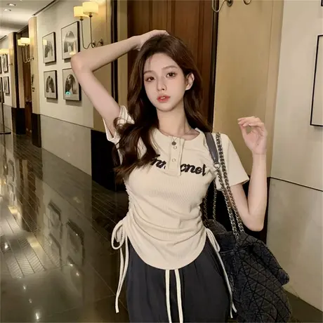 纯欲风设计感小众短袖t恤女夏季修身显瘦别致chic甜辣妹短款上衣商品大图