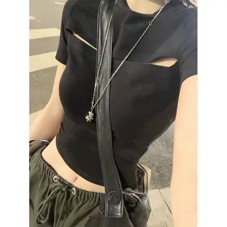 甜辣妹装短袖t恤女夏季新款修身显瘦设计感小众纯欲短款正肩上衣商品大图