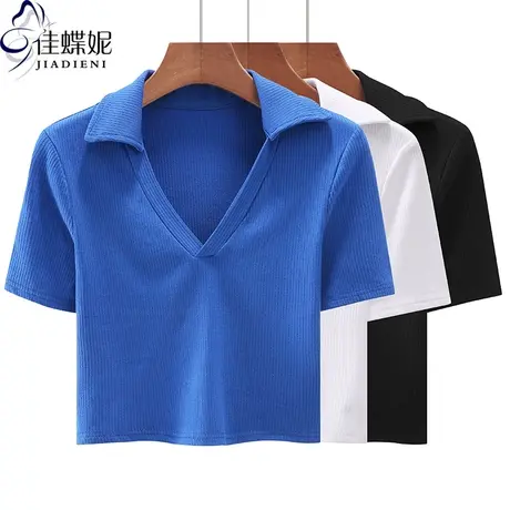 夏季新款韩版翻领修身纯白短款纯色纯欲短袖体恤上衣内搭女打底衫商品大图