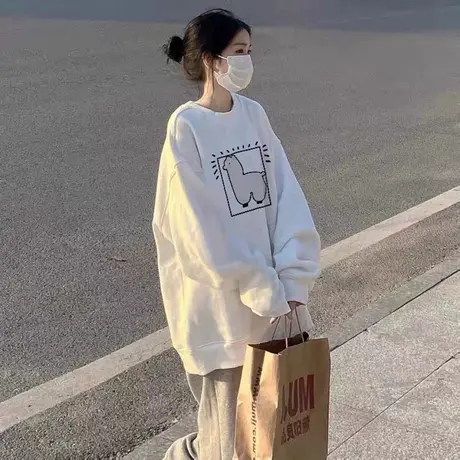 oversize卫衣女2022新款秋冬加绒加厚ins潮牌宽松艺术生奶乖上衣图片