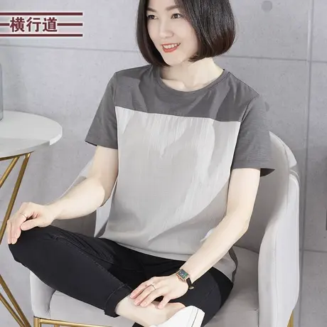短袖t恤女夏季2023圆领拼接外穿半袖打底衫 中年妈妈上衣夏款女装图片