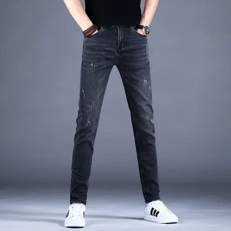 男士黑色高端牛仔裤男春秋男款2023新款修身小脚休闲裤子弹力百搭商品大图
