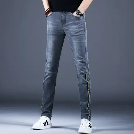 男士烟灰色修身小脚牛仔裤男款秋款弹力高端潮牌休闲男裤韩版潮流商品大图