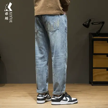 希越纳米水洗牛仔裤男秋季麦穗手工刺绣直筒长裤宽松大码简约裤子商品大图