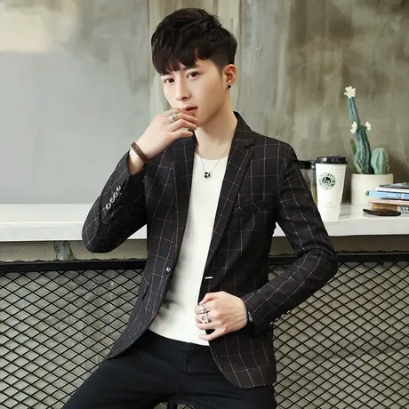 格子休闲西装男韩版修身英伦风小西服潮流男神范帅气韩式男装外套商品大图