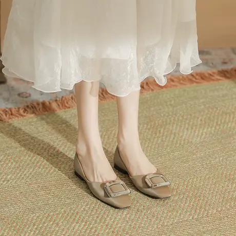 方头单鞋女粗跟黑色2023年秋季新款气质方扣设计感绒面低跟平底鞋商品大图