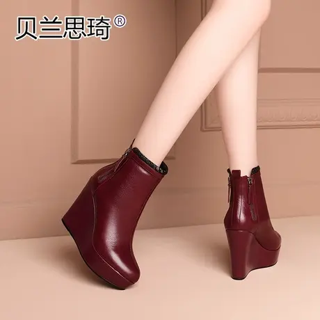 真皮厚底坡跟短靴圆头秋冬季新款及踝加绒女鞋防水台高跟马丁靴子图片