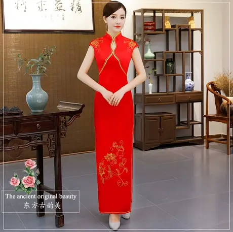 礼仪服装女迎宾旗袍红色白色青花瓷长短新款修身新娘敬酒演出旗袍商品大图