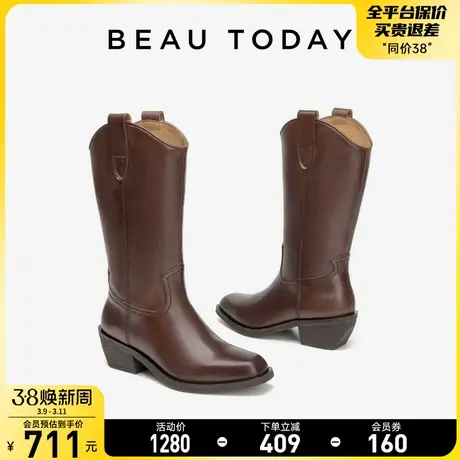 BeauToday烟筒靴女2024新款弹力瘦瘦靴BT复古牛仔靴真皮骑士靴女图片