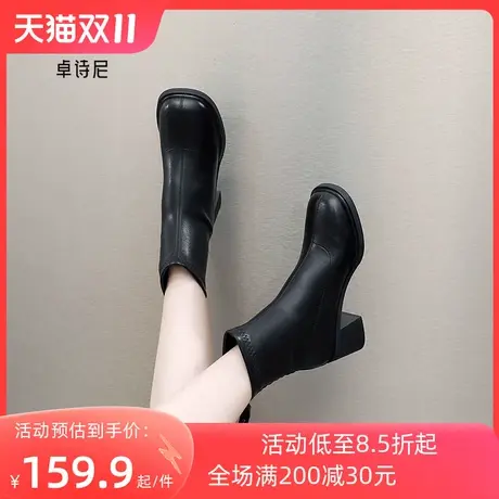 卓诗尼2023秋冬新款粗跟时装靴潮流后拉链女靴时尚方头显瘦短靴女商品大图