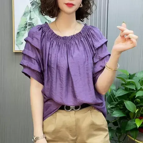 夏季新款衬衫女士洋气纯色休闲短袖上衣妈妈装显瘦遮肉大码小衫潮商品大图