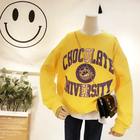 2020春秋款韩国东大门渐变字母小熊卫衣chic休闲宽松BF卫衣大码商品大图