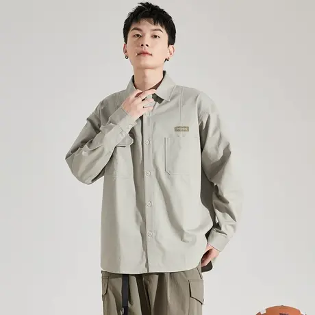 唐狮长袖衬衫秋新款男翻领双口袋左胸织唛翻领宽松休闲百搭潮图片